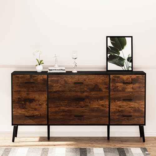 Scurrty 9 Drawer Dresser for Bedroom, White Dresser,Antique Storage Dresser with Wide Drawers, White Handles and Wooden Feet for Bedroom, Living Room&Hallway
