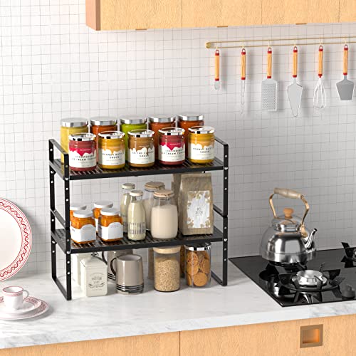 Expandable Kitchen Cabinet Shelf Organizer 2 Pack, Stackable Metal Pantry Storage Shelves, Adjustable Counter Shelf Organizer Rack for Kitchen Cabinets, Cupboard, Countertop, Closet, White