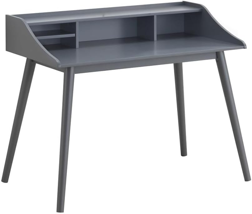 Mid-Century Modern Grey Writing Desk, 4-Compartment Hutch, 45.25L x 26.25W x 36.75H, Asian Hardwood and MDF Construction