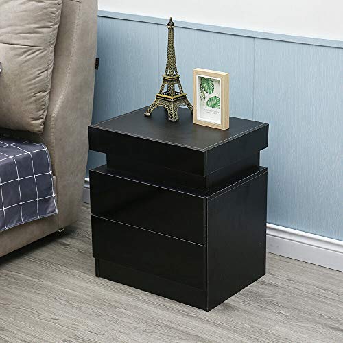 DYRABREST Wood Gloss Bedside End Table with 2 Storage Drawers,LED Light End Table Bedroom Storage Bedside,Stand End Bedside Table Organizer (Black)
