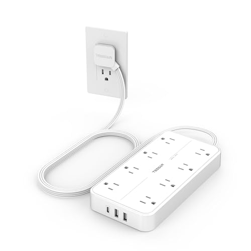 Flat Plug 15 FT Extension Cord, TESSAN Surge Protector Power Strip with 8 AC and 3 USB(1USB-C) Ports, 1080J Protection, Wall Mount Widely Spaced Charging Station for Home, Office, School, Dorm Room