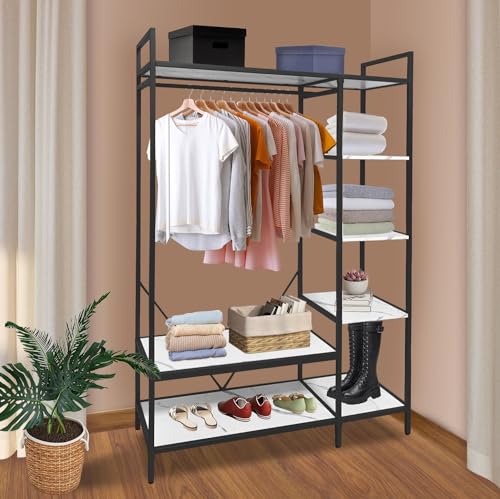 AT-VALY Heavy Duty Clothes Rack with Shelves,Freestanding Closet Organizer Metal Wardrobe Closet Mens Womens Storage Shelves Clothes Storage Rack (Black)
