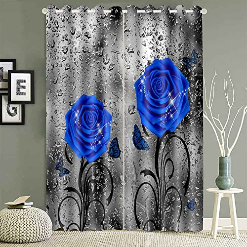 Yellow Rose Print Curtains for Living Room Bedroom, 42x84 Inches Polyester, Floral Raindrops Gray Art Blackout Thermal Insulated Drapes, 2 Panels CLOKEO0145