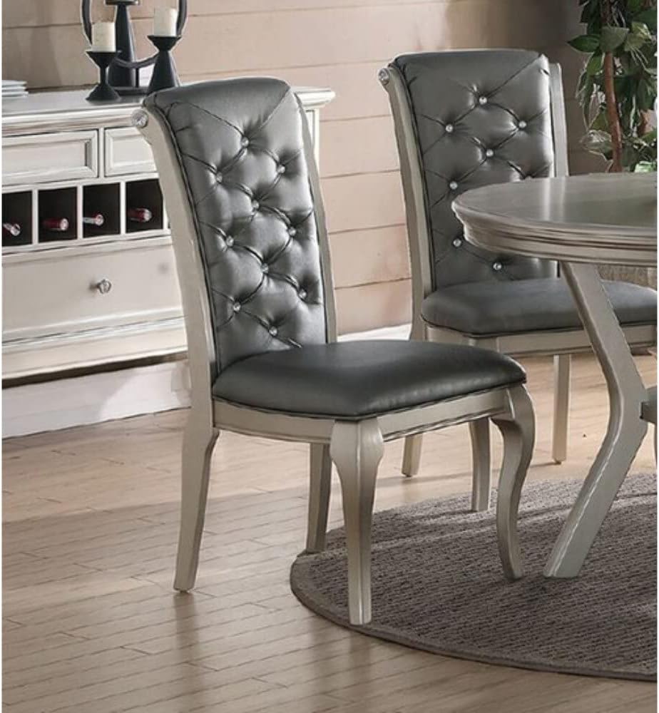 Luxury Antique Silver Wooden Set of 2 Dining Side Chairs Grey Faux Leather/PU Tufted Upholstered Cushion Chairs