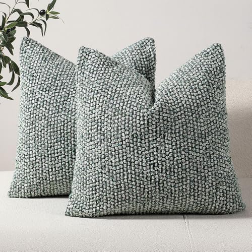 DEZENE Striped Throw Pillow Covers 18x18 Set of 2 Cream Grey Textured Boucle Chic Morden Boho Accent Farmhouse Square Decorative Couch Pillow Covers for Home Decor Bed Sofa Living Room