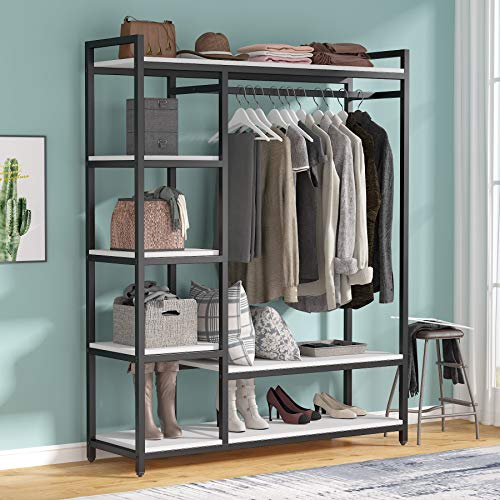 Tribesigns Free-standing Closet Organizer with 6 Storage Shelves and Hanging Bar, Large Standing Clothes Garment Rack（Black）