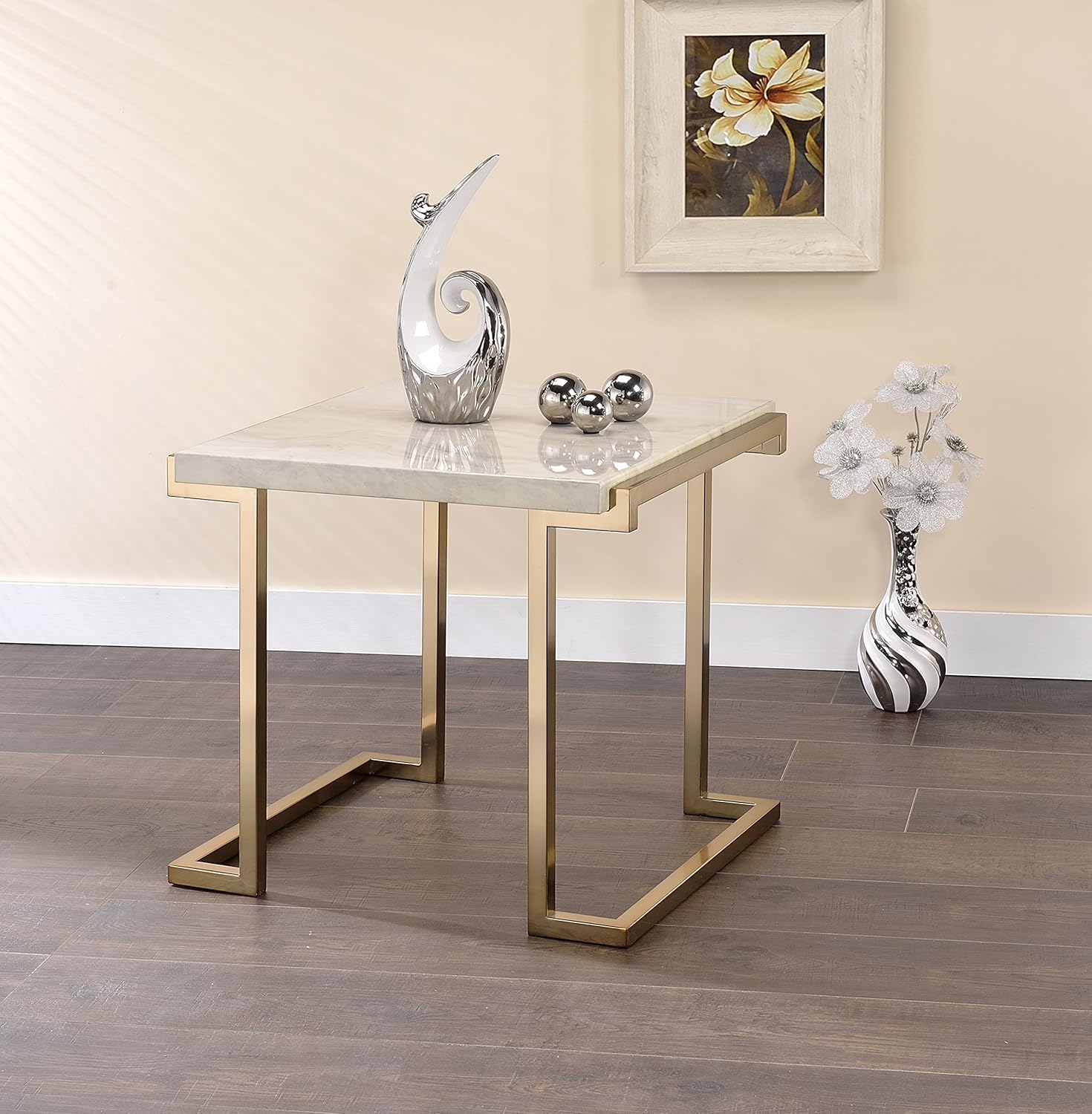 Boice II End Table in Faux Marble & Champagne 82872