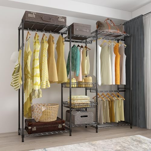Freestanding Closet Wardrobe, Portable Clothes Hanger Home Shelf Fabric Drawers Closet Organizer Metal Garment Rack, Wire Garment Rack Heavy Duty Clothes Rack
