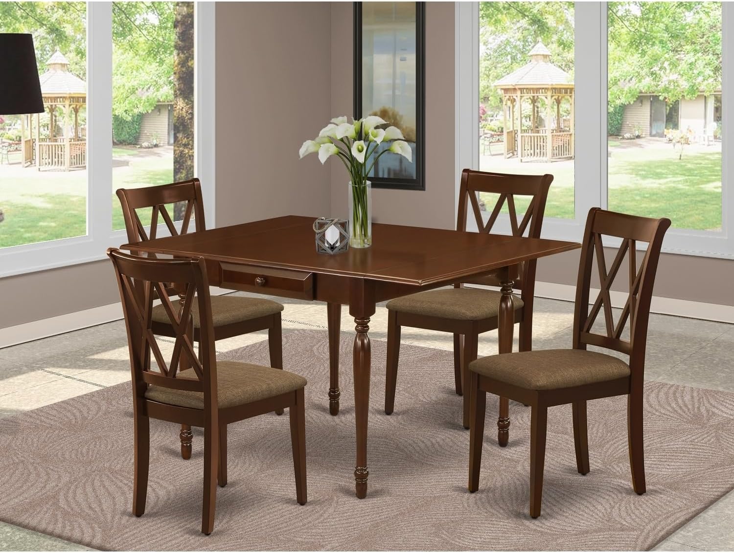 Rustic Ranch 5Pc Wood Dining Table Set Offers A Wood Dining Table and 4 Wooden Dining Chairs with Linen Fabic Seat, Drop Leaf Table with Double X Back Chairs, Mahogany Finish