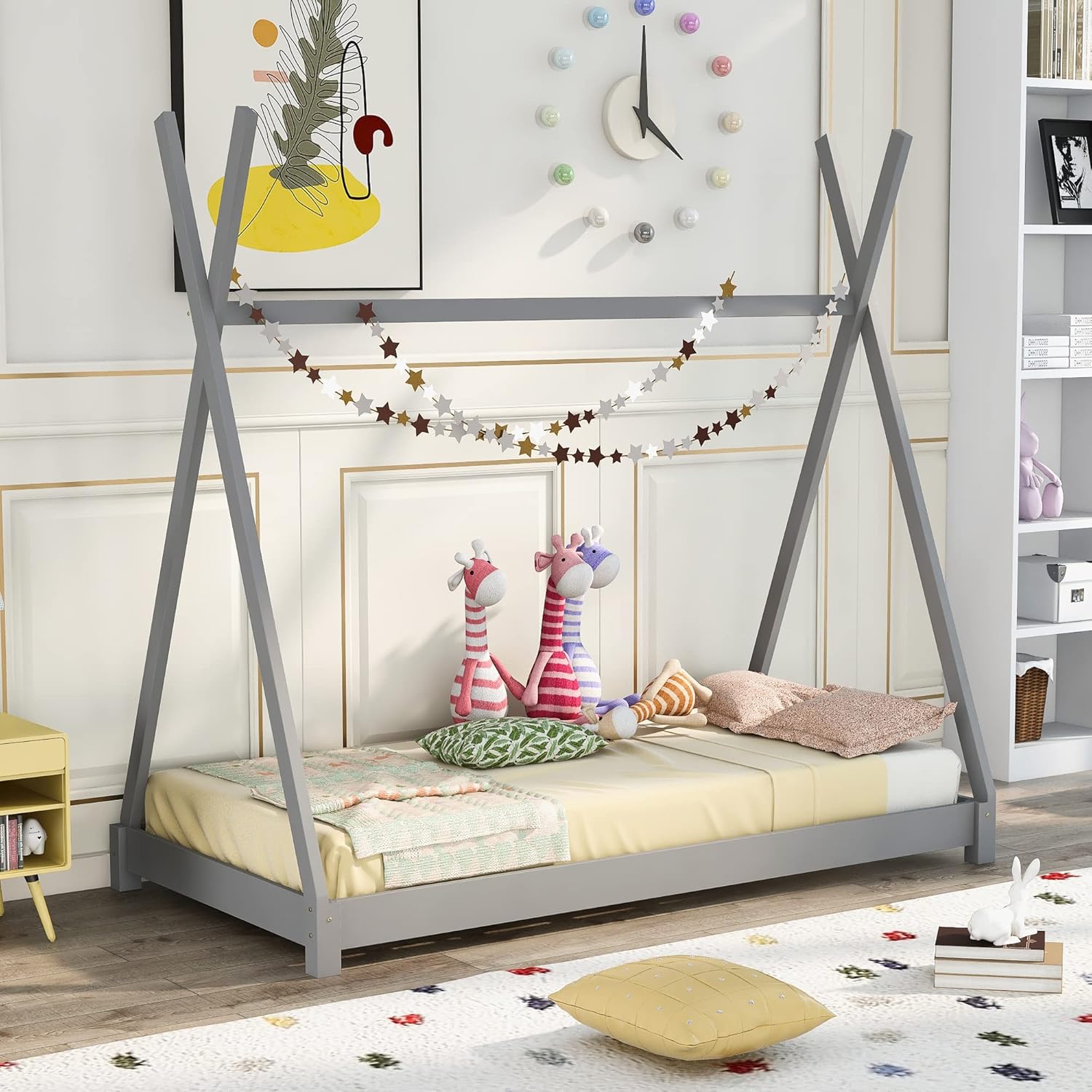 Twin Size House Platform Bed with Triangle Structure,Solid Pine Wood Low Floor Bedframe for Kids Teens Boys Girls,Wooden Slat Support,Grey