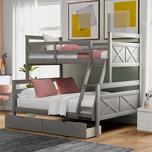 Twin Over Full Bunk Bed with Ladder and Guardrail, Pine Wood Twin/Full Bunk Bed Frame with 2 Storage Drawers for Small Spaces, Bedroom, Kids Rooms and Guest Rooms, No Box Spring Needed (White)