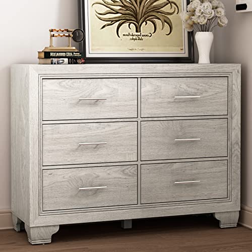 IDEALHOUSE French Vintage Dresser for Bedroom with 6 Drawers, Vintage Design Wood Drawer Dresser Chest of Drawers for Closet, Living Room, Hallway, Nursery, Kids Bedroom (White)