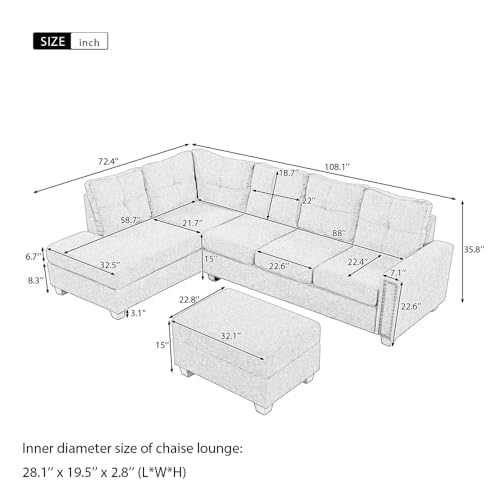 Reversible Sectional Sofa Space Saving with Storage Ottoman Rivet Ornament L-Shape Couch for Large Space Dorm Apartment (Light Grey)