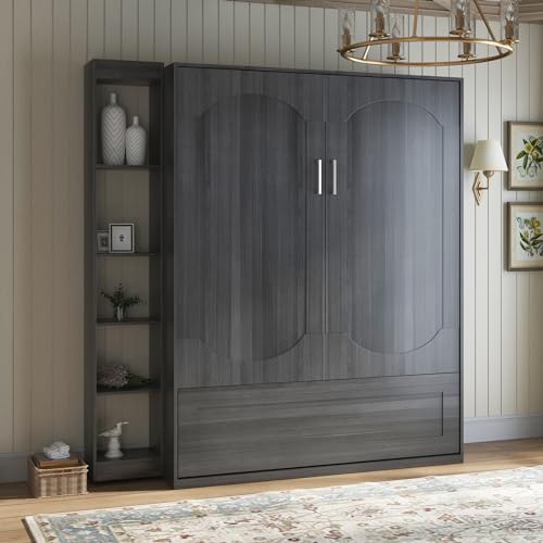 Mjkone Large Murphy Bed with Dual Side Cabinets, Space-Saver Foldable Wall Bed for Bedrooms, Murphy Chest Bed with Extra Storage, Adults Bed Converts into a Compact Cabinet (Dark Grey)