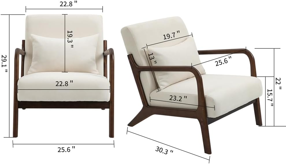 Mid Century Modern Accent Chair with Wood Frame, Upholstered Living Room Chairs with Waist Cushion, Reading Armchair for Bedroom Sunroom,White