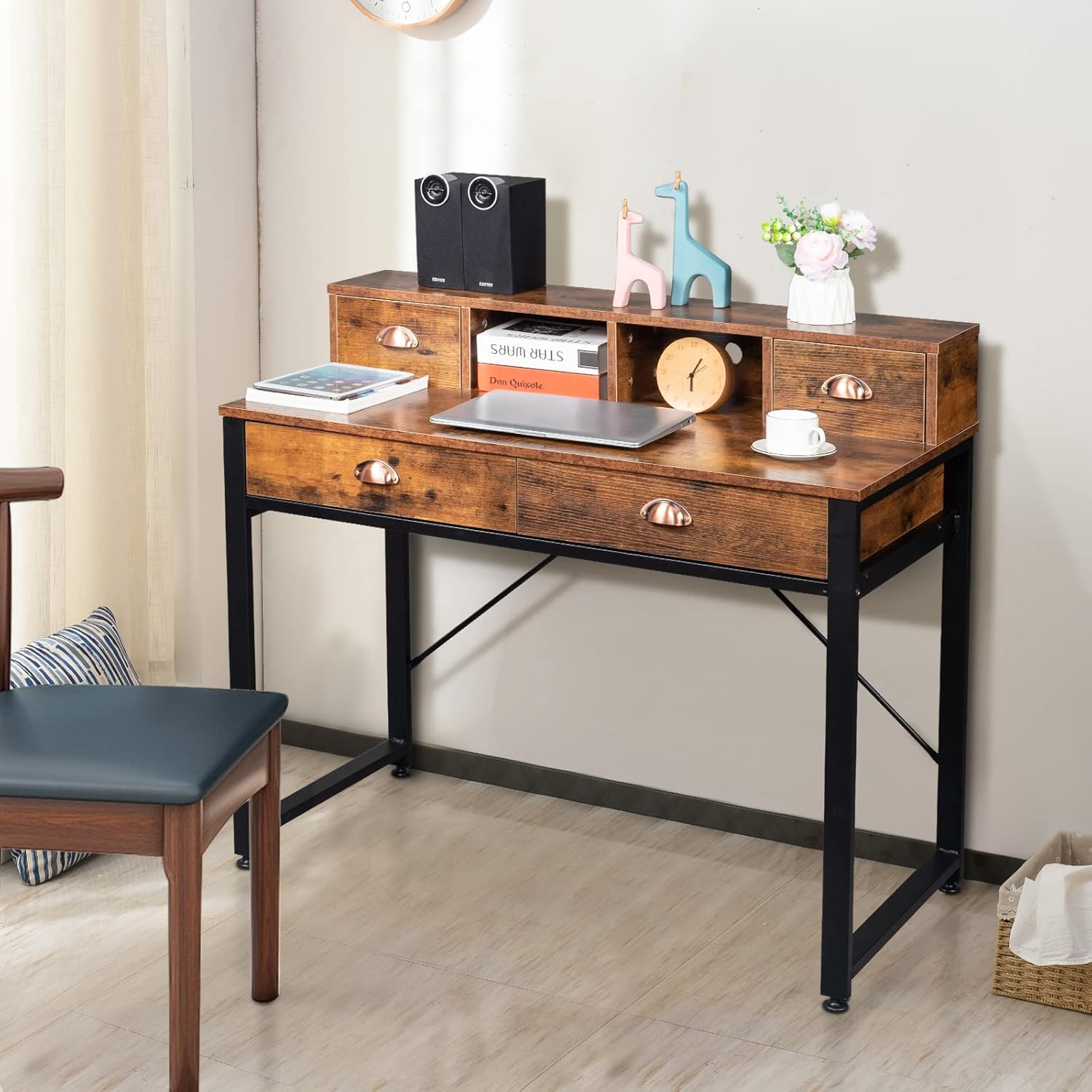 Wood Computer Desk with Drawers and Storage Shelves, 41.7 inch Home Office Desks, Modern Work Study Writing Table Desk,Home Table with Fabric Drawers, (Old Wood Color) 106 x 54 x 90cm