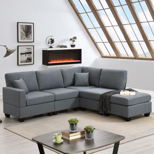 Sectional Couches for Living Room, L Shaped Couch with Convertible Ottoman and 2 Pillows, 5-Seat Modular Small Sectional Sofa Couch for Bedroom, Office, Apartment and Small Space, Grey