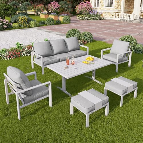 PHI VILLA 5 Pieces Metal Patio Furniture 7 Seat Set Aluminum Outdoor Cushioned Sofa, 2 x Armrest Chair, 2 x Ottoman, 1 x 3-Seat Sofa, Outdoor Light Grey Conversation Set