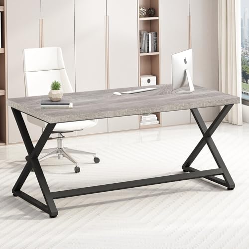 IBF White Computer Desk, Modern Home Office Desk for Writing Work Study, Simple Wooden Metal Pc Gaming Desk in Bedroom, Executive Laptop Workstation Computer Table with Storage, White Oak, 55 in