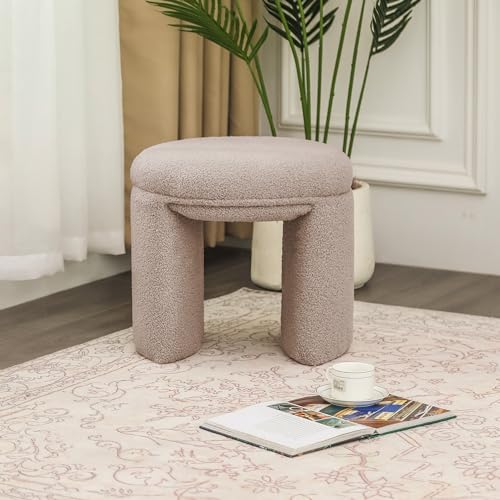 Boucle Ottoman, Round Sherpa Vanity Stool Chair, Small Upholstered Modern Teddy Footstool for Makeup, Living Room, Entryway, Bedroom (Dark Beige)