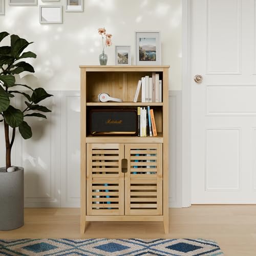 Bathroom Storage Cabinet, Bamboo Side Storage Organizer, Floor Standing Space Saver Kitchen Cupboard, Double Shutter Doors with Removable Shelves, Walnut