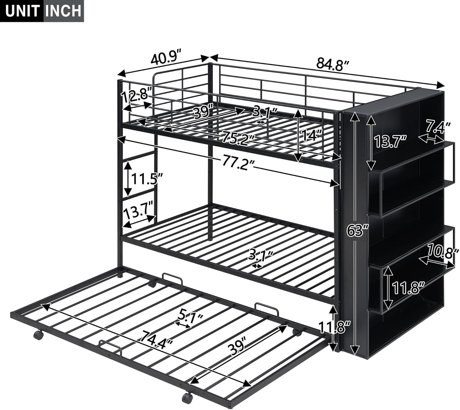 Twin Over Twin Metal Bunk Bed with Trundle and Storage,Modern Heavy-Duty Steel Bunk Bed Frame with Bookshelf and Safety Rail for Kids Teens Adults,Twin,Black