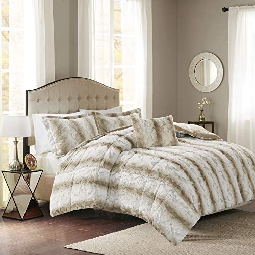 Madison Park Zuri Soft Plush Comforter Set, Faux Fur Animal Stripes Design, Faux Mink On The Reverse, Modern All Season Bedding Set with Matching Sham, Full/Queen, Grey 4 Piece