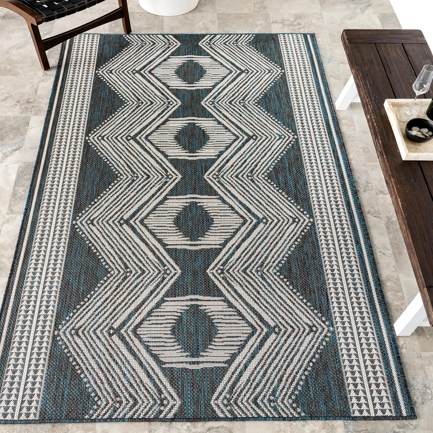 nuLOOM 7' x 9' Outdoor Tribal Geometric Area Rug, Stain Resistant, Weather Resistant, High Traffic, Patio, Balcony, Outside, Turquoise