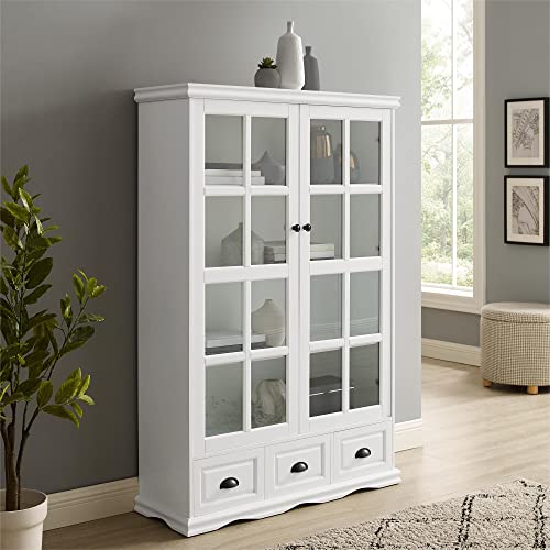 Wooden Storage Cabinet, Floor Standing Display Storage Cabinet with Tempered Glass Door, 3 Drawers and Adjustable Shelves, Living Room Office Floor Standing Storage Cabinet Bookshelf (White)