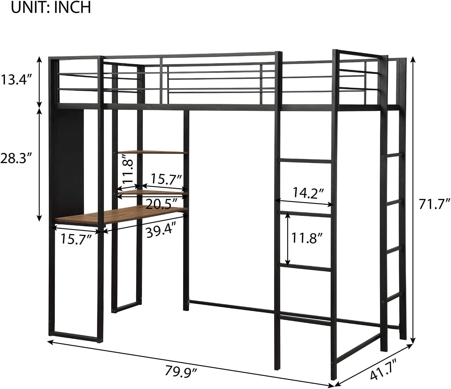 Loft Twin Bed Single Bunk Bed with 2 Shelves and one Desk Danxee Space-Saving Bunkbed High Sleeper Multipurpose Use Full-Length Guardrails & Two Integrated Ladders