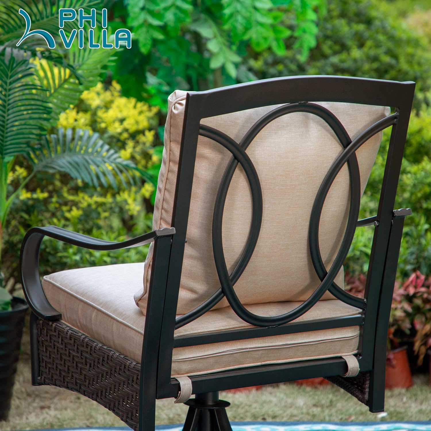 PHI VILLA Patio Set with Firepit Table for 4, 4 Patio Swivel Dining Chairs and One 28 inch 50000 BTU Auto-Ignition Propane Gas Fire Pit Table,Metal Patio Furniture for Outdoor Kitchen Lawn and Garden