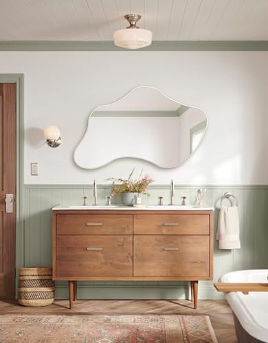 Large Amorphous Modern Mirror, Irregular Wood Framed Wall Mirror, Aesthetic Bathroom Mirror, Asymmetrical Wavy Mirror for Vanities (White, 46x75 cm | 18.1