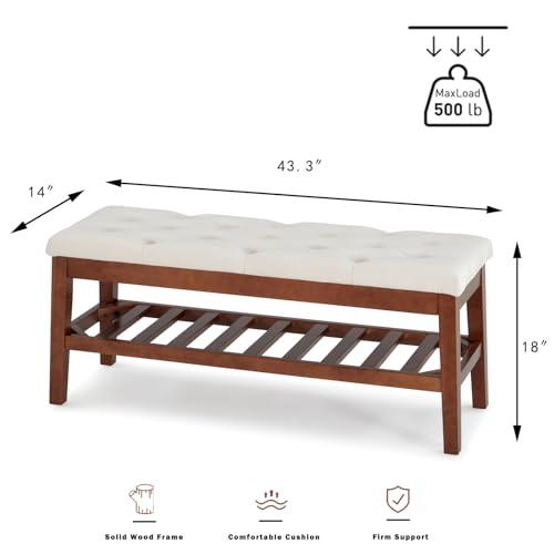 Upholstered Entryway Bench for Bedroom, End of Bed, Dining Bench Ottoman with Solid Wood Legs Tufted Padding Seat for Kitchen, Living Room, Linen Cream