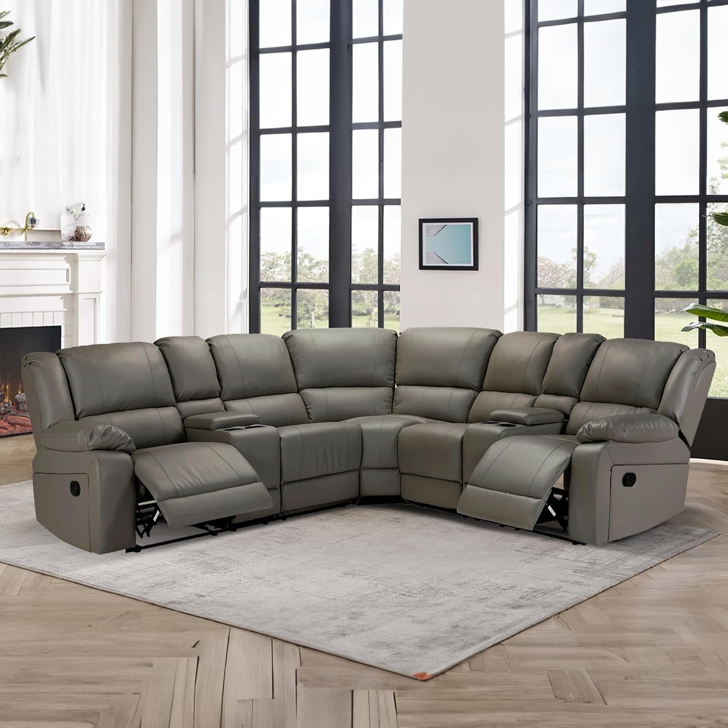 5-Seat L-Shape Sectional Sofa with 2 Manual Recliners and Consoles-Cup Holders, Storage, PU Leather, Easy Assembly, Comfortable for Living Room Apartment, Grey