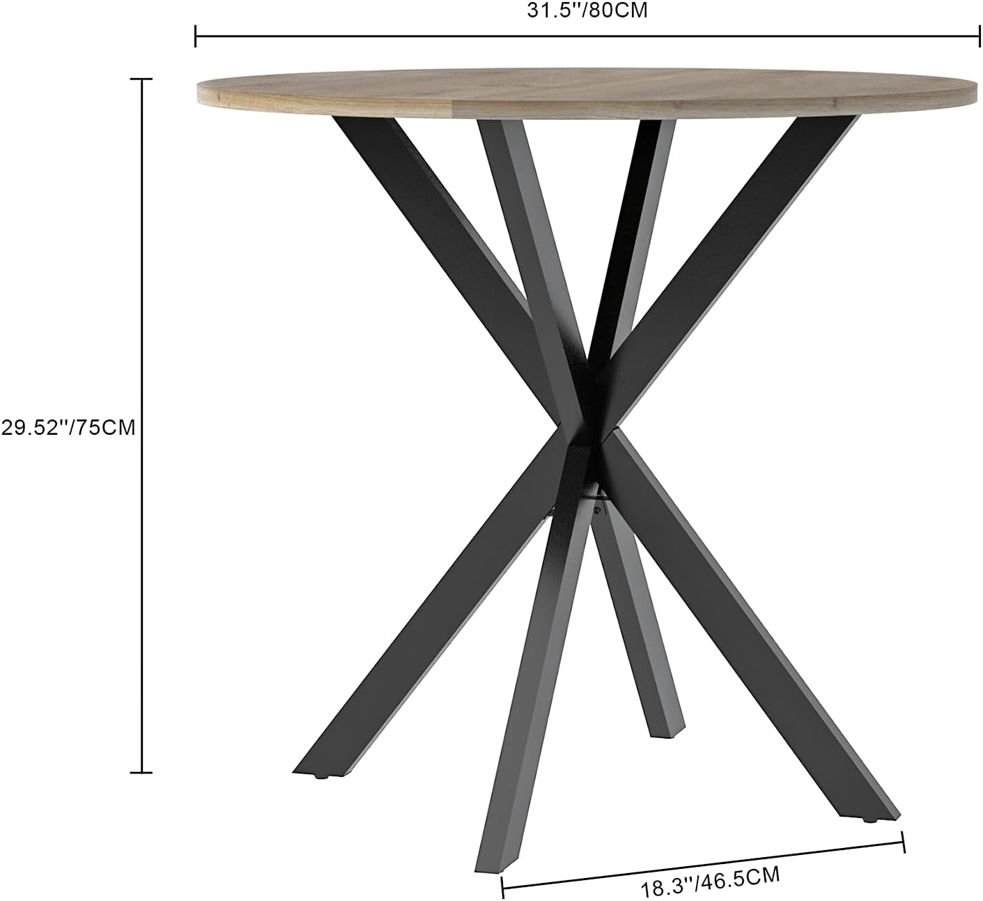 31.5 Inch Round Dining Table, Small Round Dining Table, Black Metal Legs, Round Coffee Table for Small Spaces, Round Dining Table for 2-4, Brown