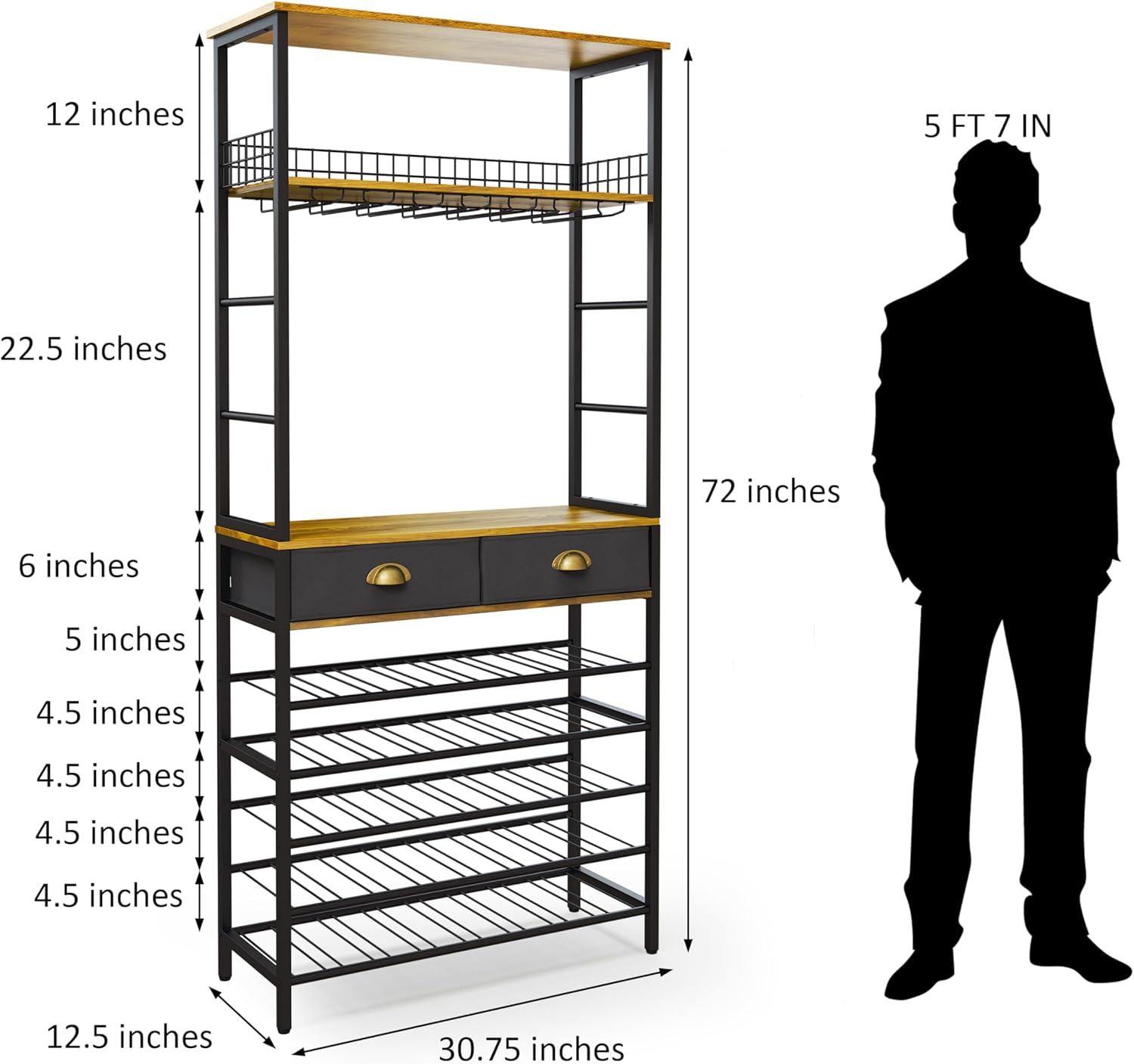 Wine Rack Freestanding Floor with Wine Glasses Holder, Liquor Cabinet Bar for Home, 2 Storage Drawers, Bar Cabinet with Shelves and Tabletop, Home Bar, Liquor and Wine Storage, Bottle Rack
