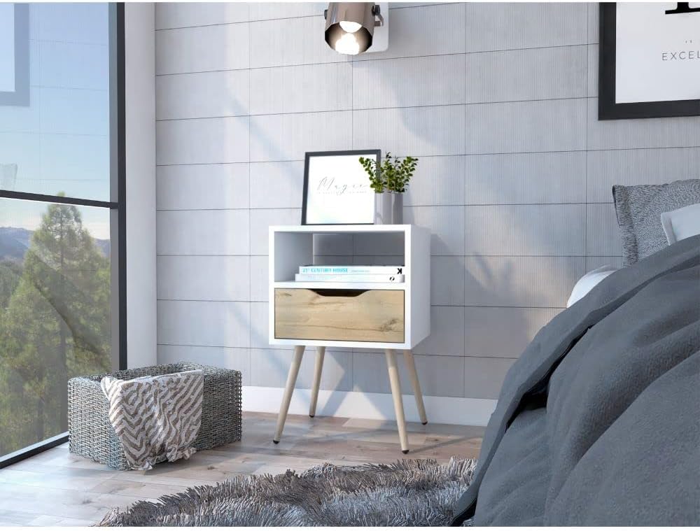 Otom Nightstand, Superior Top, White/Light Oak, 15.8 x 13.8 x 24.8 Inches, One Open Shelf & Drawer, Durable Metal Legs, Space-Saving