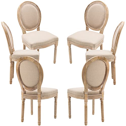 Guyou Upholstered Dining Chairs Driftwood Set of 6, Antique Dining Room Chairs French Country Vintage Accent Chairs Round Fabric Back with Distressed Wood for Kitchen Living Room (Grey)