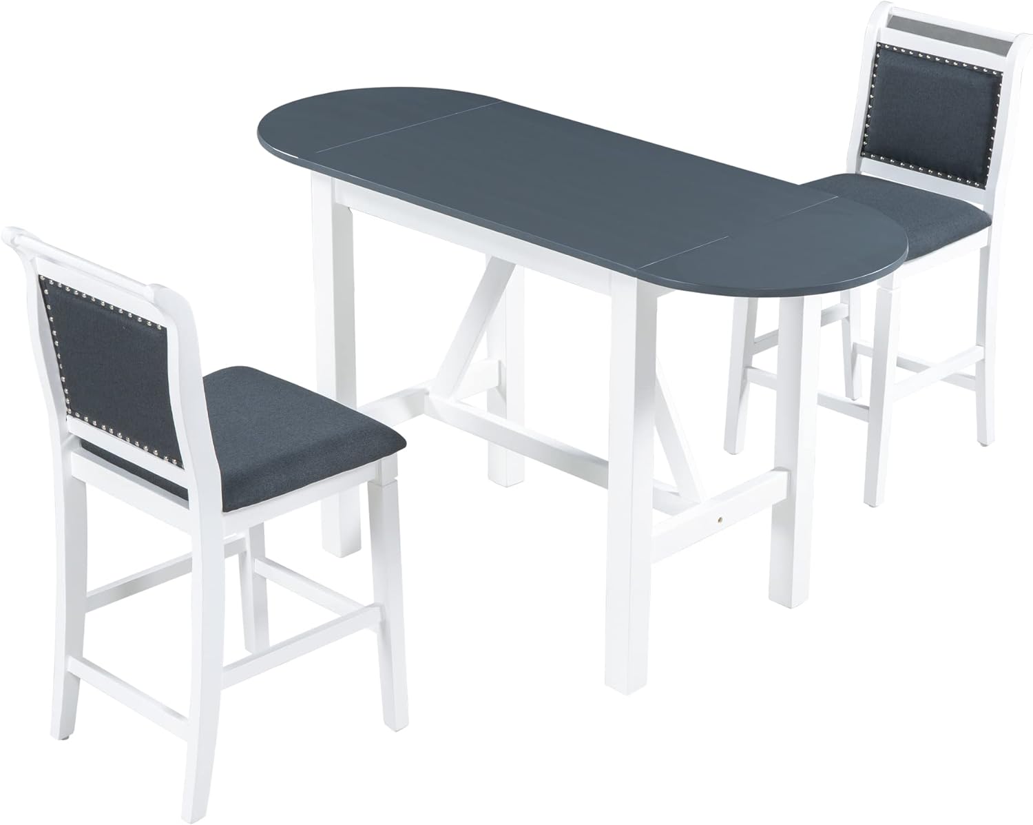Dining Table Set for 2,Retro 3 Piece Dining Table Set with Drop Leaf,Wood Counter Height Set with Upholstered Dining Chairs,Breakfast Table for Small Space(White+Gray)