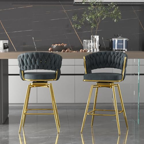Swivel Bar Stools Set of 2, Modern Velvet Tufted Bar Chair with Footrest & Nailheads Trim, Adjustable Counter Height Bar Stool for Kitchen Island, Cafe, Pub, Bar Counter (White, Golden Leg)
