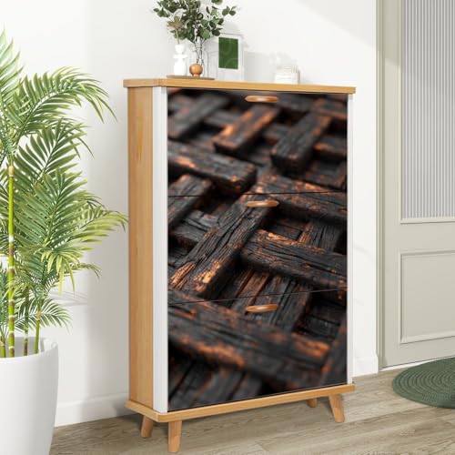 Shoe Cabinet with 3 Flip Drawers 3D Seamless Wood Parquet Floor Maple Pine Cherry Textures Wooden Shoe Storage Cabinet Boho Freestanding Hidden Shoe Rack Slim Shoe Organizer for Entryway