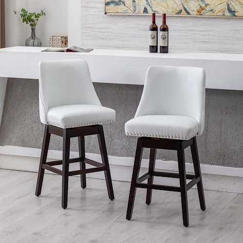 Counter Height Bar Stools Set of 4, Faux Leather Mid Century Modern Swivel Barstool with Back & Wood Legs Comfy Upholstered Counter Chairs for Home Bar/Dining Room/Restaurant, Chocolate