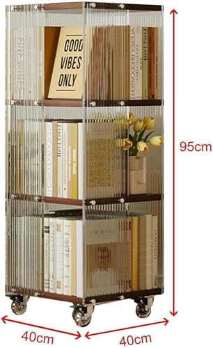 3/4 Tier 360° Rotating Bookshelf, Clear Acrylic and Solid Wood Floor Standing Bookcase, Spiral Bookshelf, Movable Storage Organizer Holder Rack with Wheels, for Office Home Living Room Bedroom ( Color