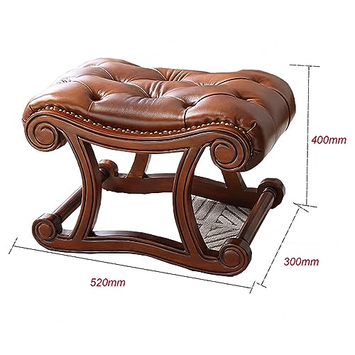 Leather Footstool Vintage, Small Foot Rest Stool Chair Stool Sofa Stool Short Ottoman Rubberwood European Decor Furniture Stool for Living Room,A