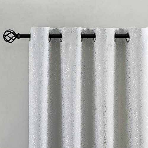 Silver White Curtains 84 Inch Length 2 Panels Set, Metallic Foil Design Glam Sparkle White Curtains for Living Room, Grommet Room Darkening Glitter Curtains, 52 x 84 Inch, Silver White