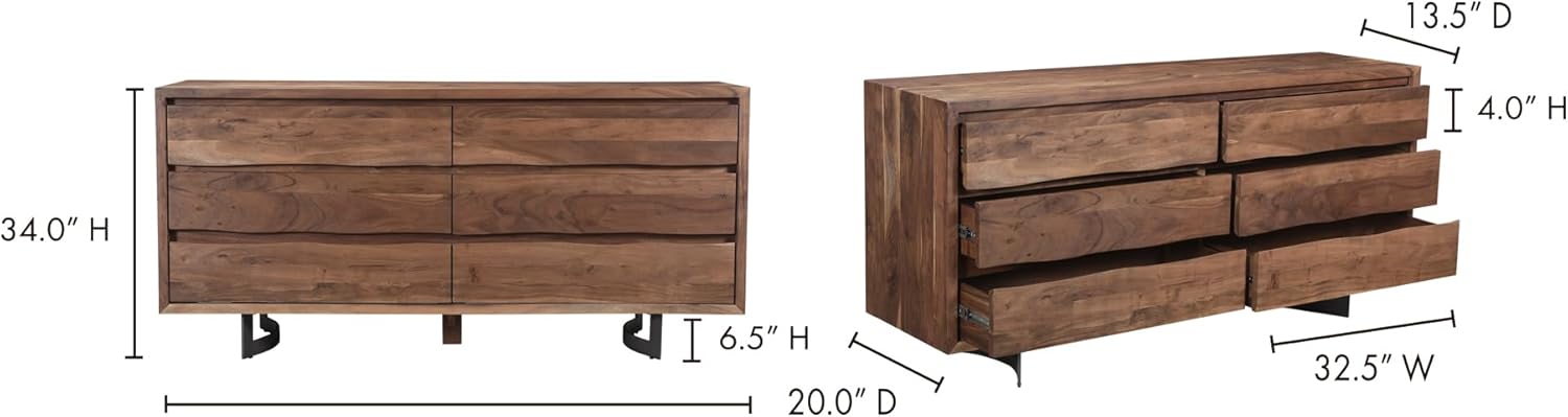 Ellis, Dresser, Industrial Solid Acacia Wood, 6 Drawers, Natural Stain