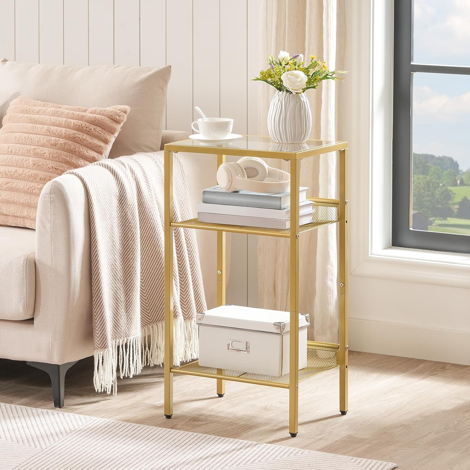 HOOBRO Tall End Table and Small White Side Table with Charging Station Bundle, Gold Side Table, White and Gold Nightstand, GD04DH01-DW87UBZ01G1