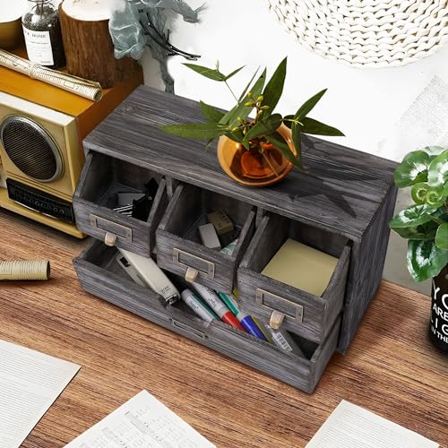 Flexzion Wood Apothecary Cabinet with Drawers - Small Rustic Library Card Catalog Cabinet 4-drawer Desk Organizer Chest Box, Table Top Vintage Medicine Cabinet Storage for Home and Office Supplies