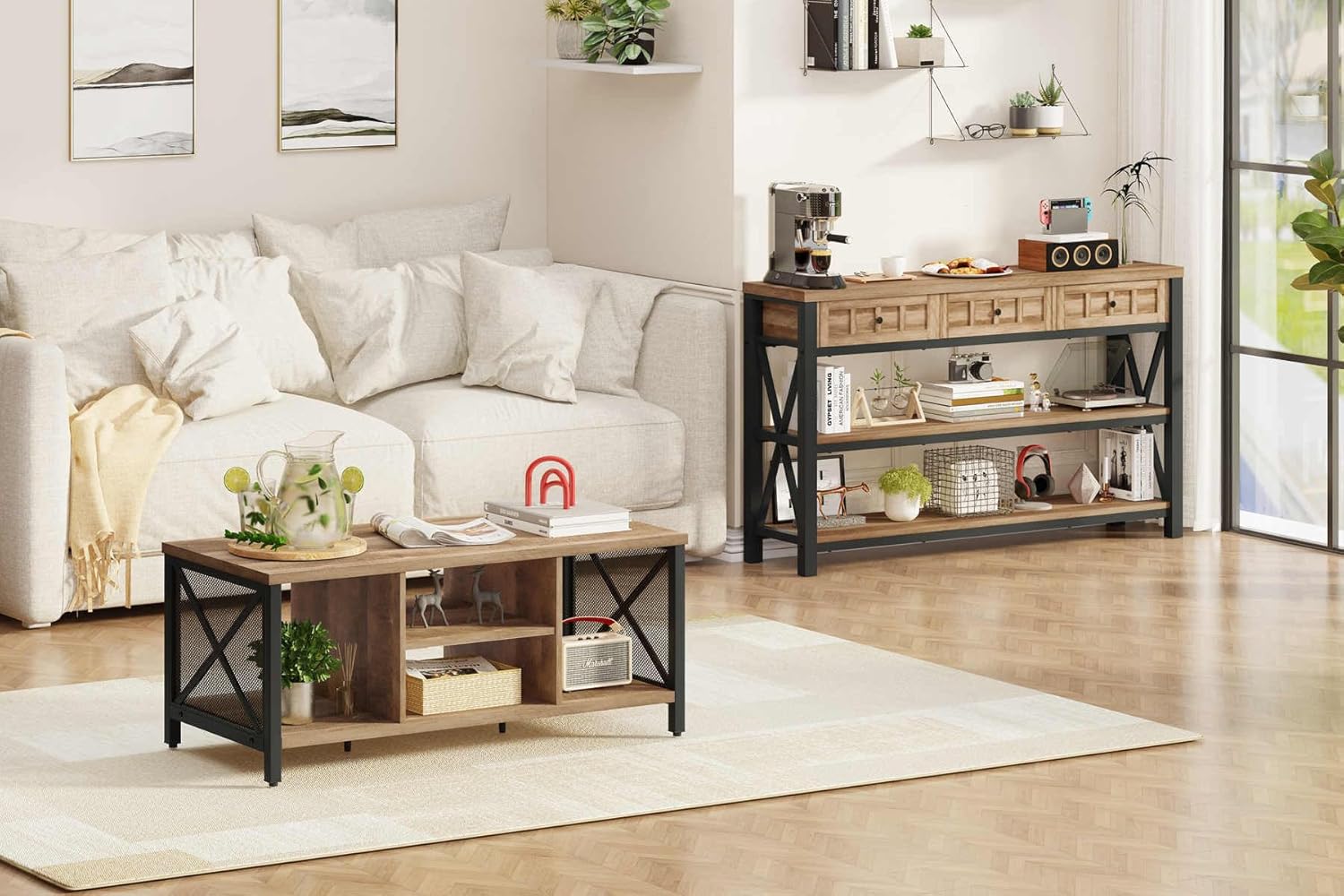 FATORRI Coffee Table and Sofa Table with Drawers for Home (Rustic Oak)