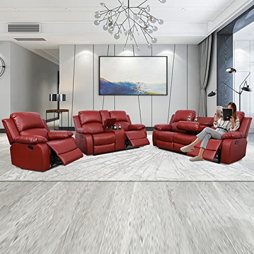 Leather Recliner Sofa Couch with 2 Cup Holder Console, Leather living Room Furniture Set, Wall Hugger 3 seat Reclining Sofa for Rv, Manual Reclining Home Theater Seating for Living Room/Home